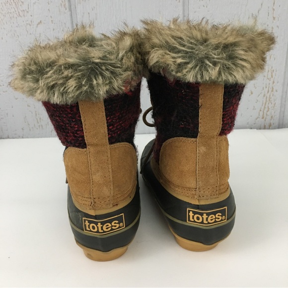 Totes Faux Fur Plaid Cloth Lace Up Winter Duck Boots Lynn Tan Size 7 M - Picture 4 of 13